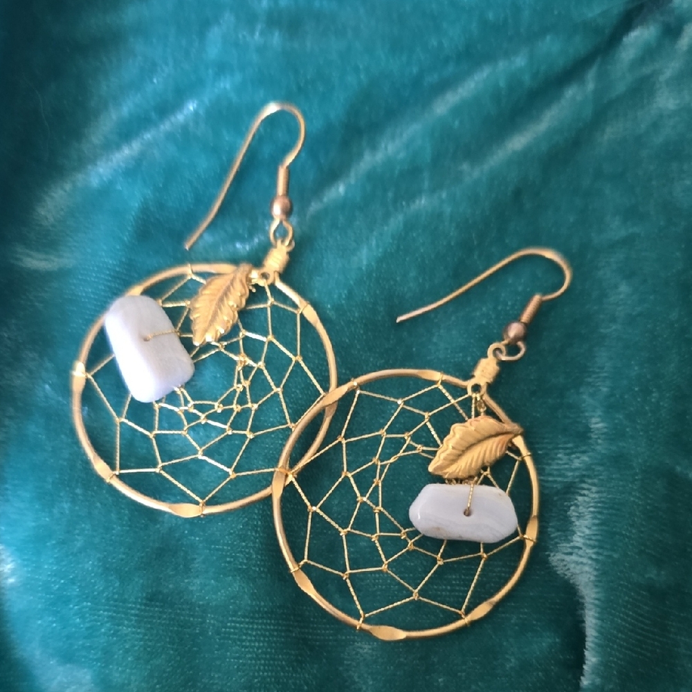 Gold Dreamcatcher Earrings with White Accents